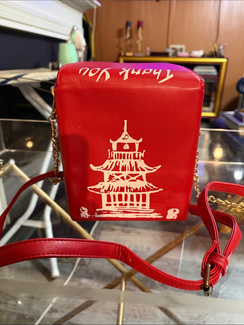 Red Faux Leather Oriental takeout box crossbody with Pagoda Graphic
